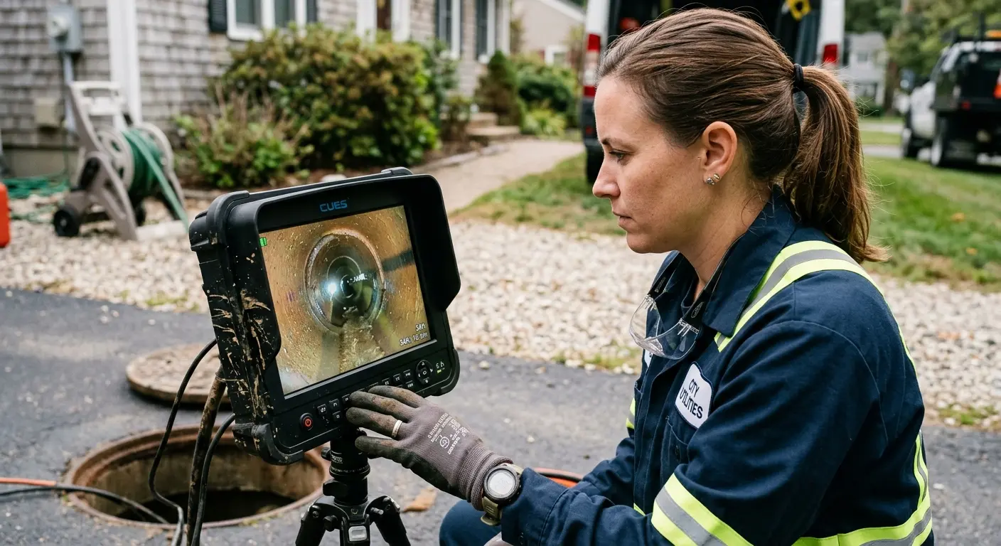 Technician reviewing sewer camera inspection footage in Anaheim