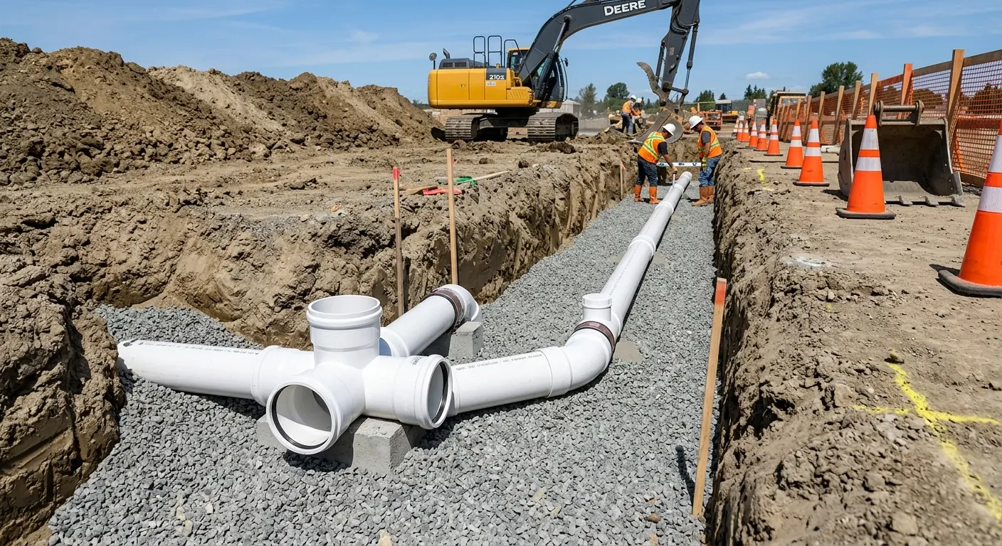 New PVC sewer pipe installation in open trench for Grease Trap Cleaning in Anaheim